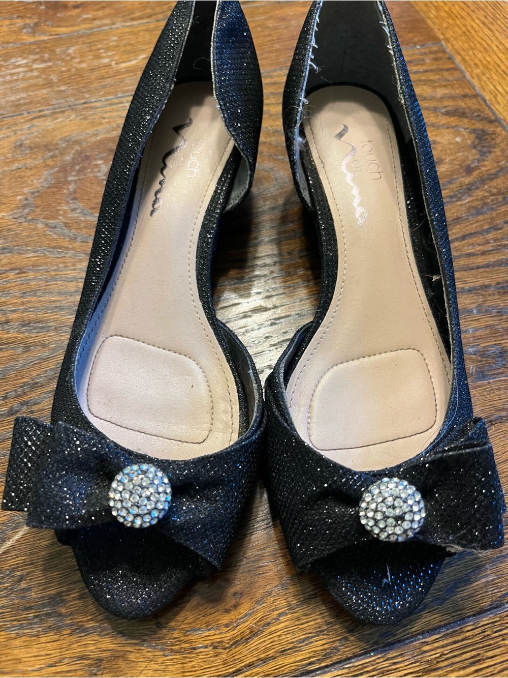 Nina “Roberta” Women’s Black Glitter Bow Peep-Toe Flats with Crystal Accent
